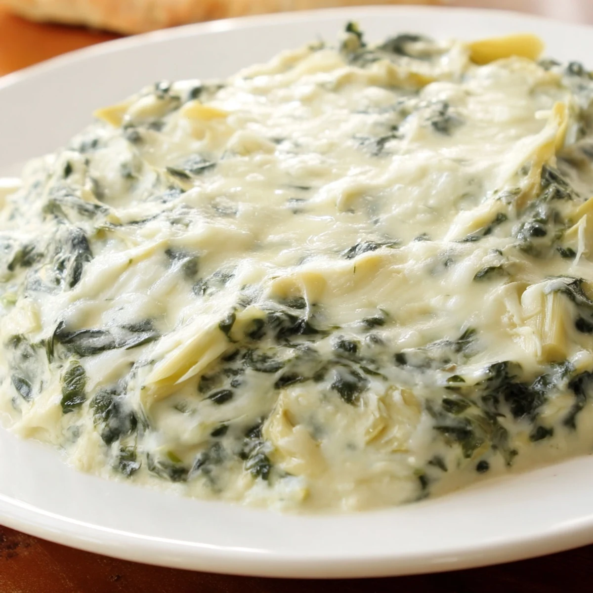 Golden-brown Creamy Spinach and Artichoke Dip bubbles in a ceramic dish, served with crunchy tortilla chips for dipping.