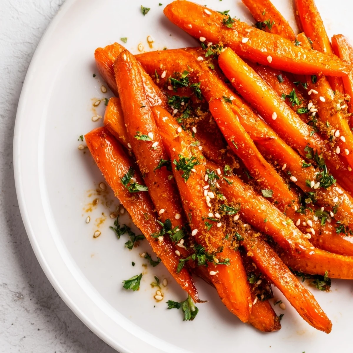 Golden roasted carrots with maple glaze and cumin garnished with fresh parsley and sesame seeds, served on a white platter.