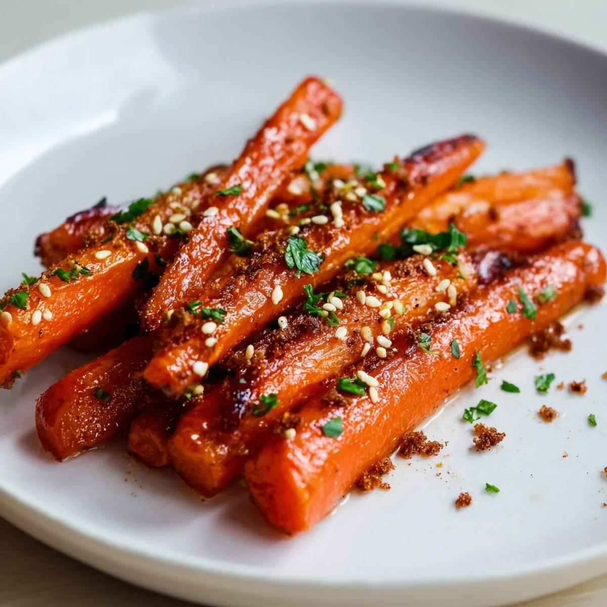 A rustic plate of roasted carrots with maple and cumin, garnished with fresh herbs, perfect as a gluten-free side dish.