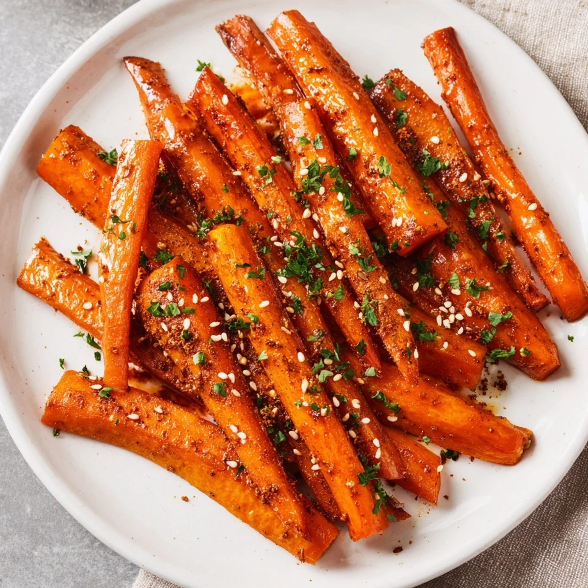 Roasted carrots with maple and cumin glistening on a baking sheet lined with parchment, lightly caramelized and ready to serve.