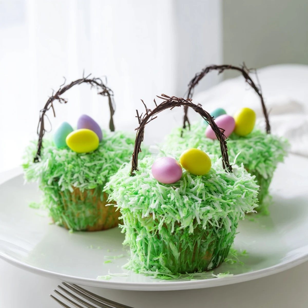Twelve Easter Basket Cupcakes with coconut grass and candy eggs arranged in a row on pastel plates.  