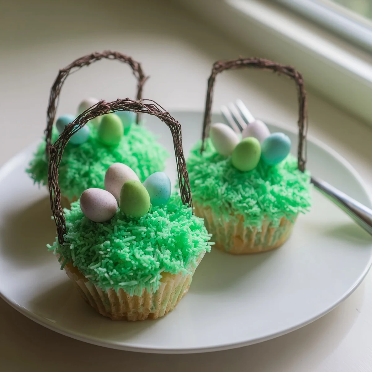 Close-up of frosted Easter Basket Cupcakes topped with green shredded coconut and candy eggs for spring celebrations.  