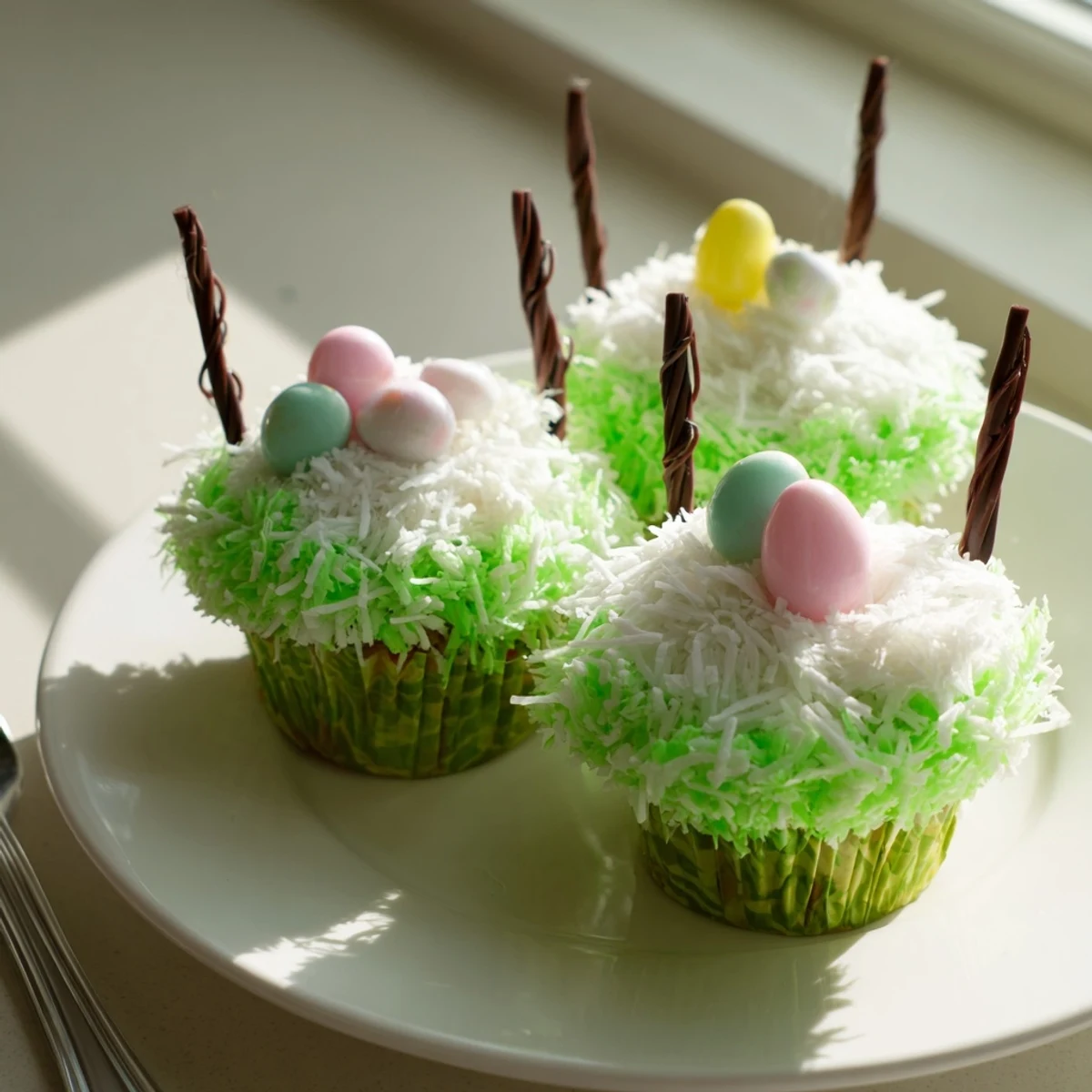 Adorable Easter Basket Cupcakes on a cooling rack with licorice handles and vibrant coconut grass decorations.