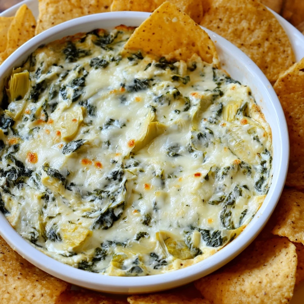Golden bubbly Creamy Spinach and Artichoke Dip with Chips is served hot in a baking dish with tortilla chips for scooping.