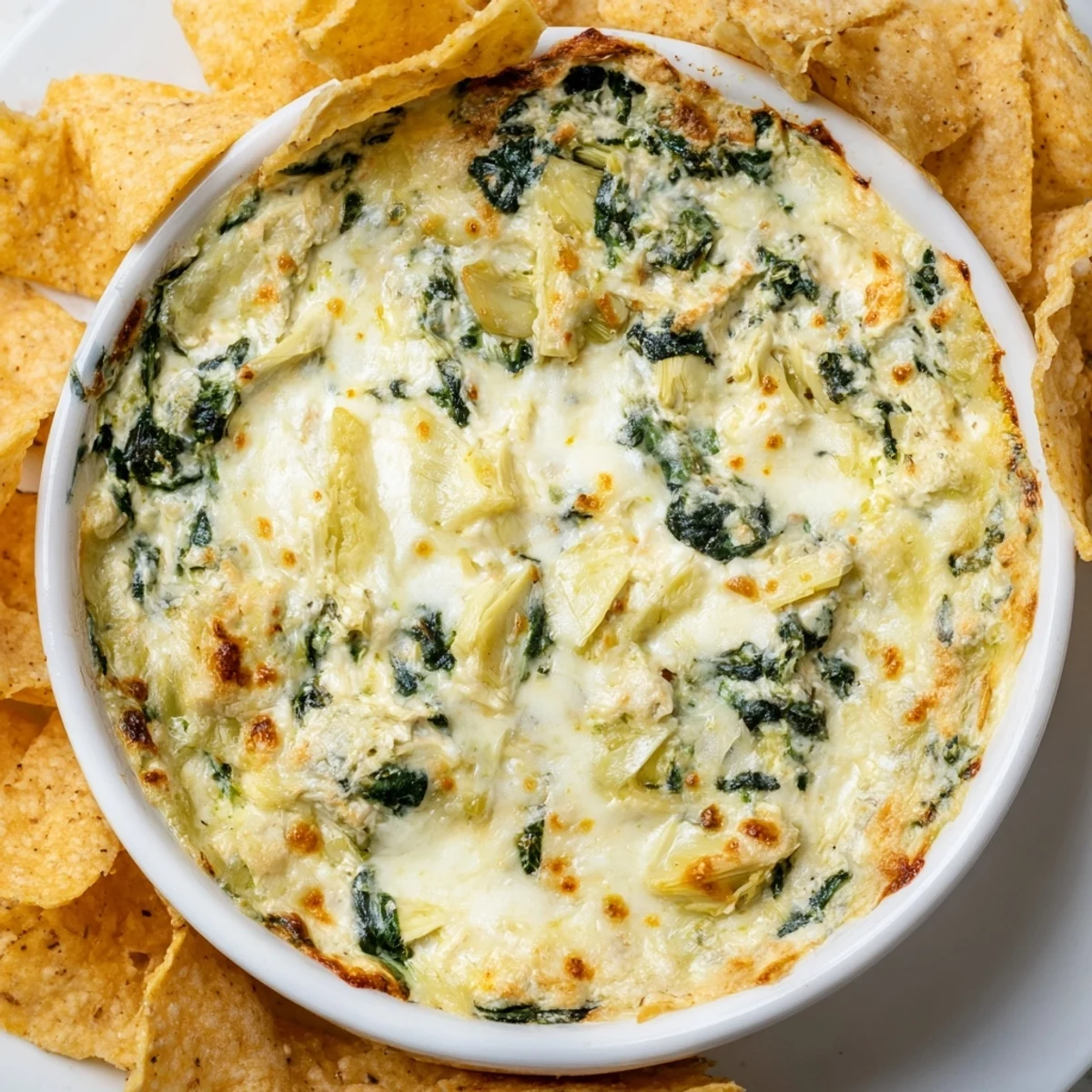 A warm appetizer of Creamy Spinach and Artichoke Dip with Chips beside a glass of white wine on a rustic table.