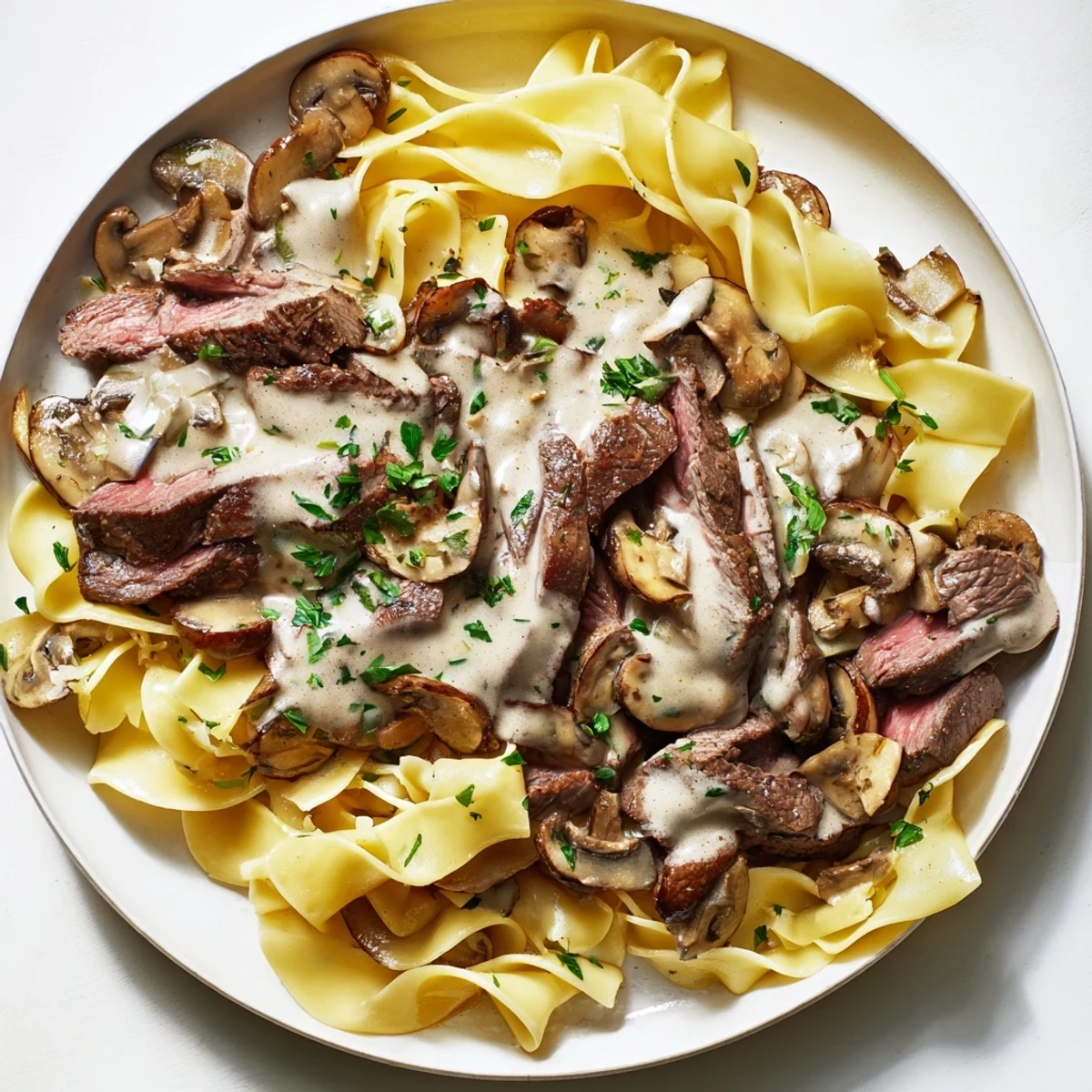 Family-style beef stroganoff with egg noodles plated on a rustic table, paired with a side salad for a hearty meal.
