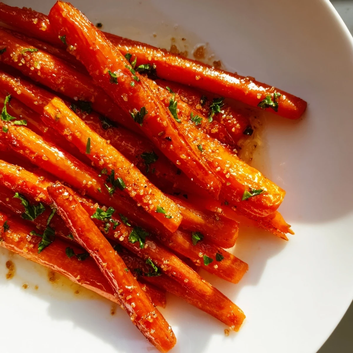 Golden roasted carrots with maple and cumin glaze glistening on a white plate, garnished with fresh parsley.