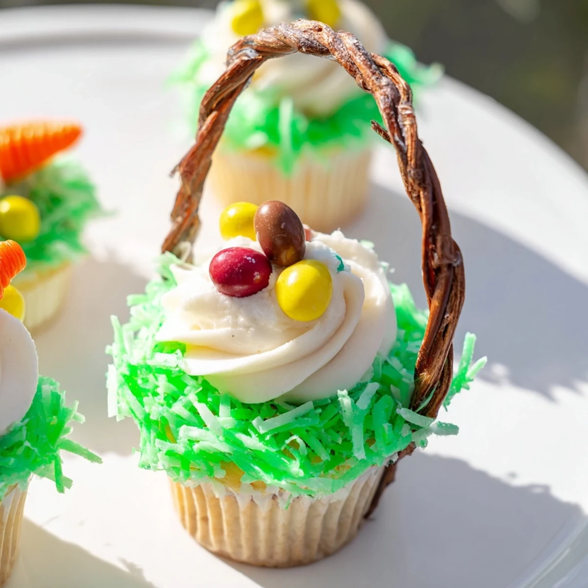These festive Easter Basket Cupcakes feature sweet coconut grass topped with colorful candy eggs for spring celebrations.
