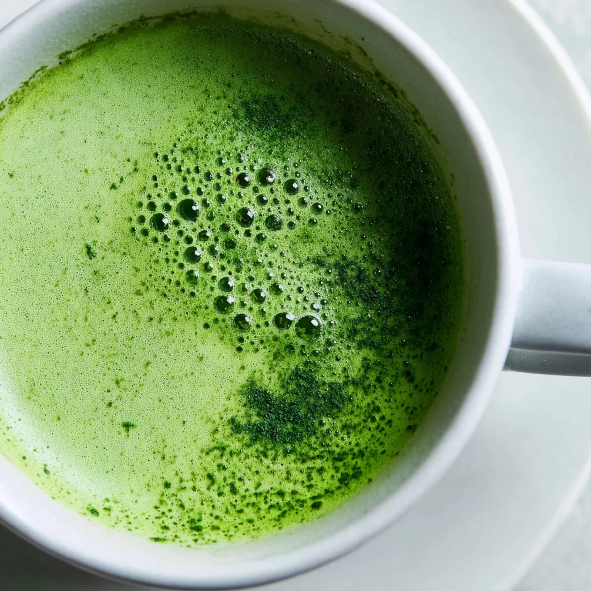 A frothy Green Matcha Latte with Almond Milk in a ceramic mug with a bamboo whisk and green matcha powder beside it.  