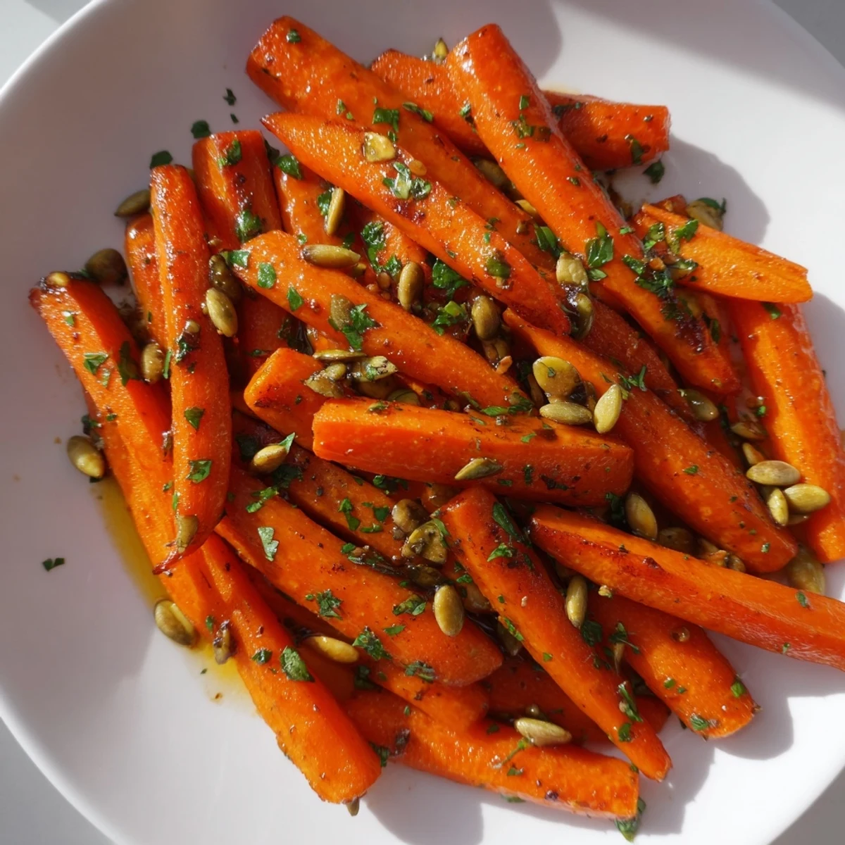 Glazed roasted carrots with maple and cumin on a rustic wooden serving platter, garnished with fresh parsley and sesame seeds.