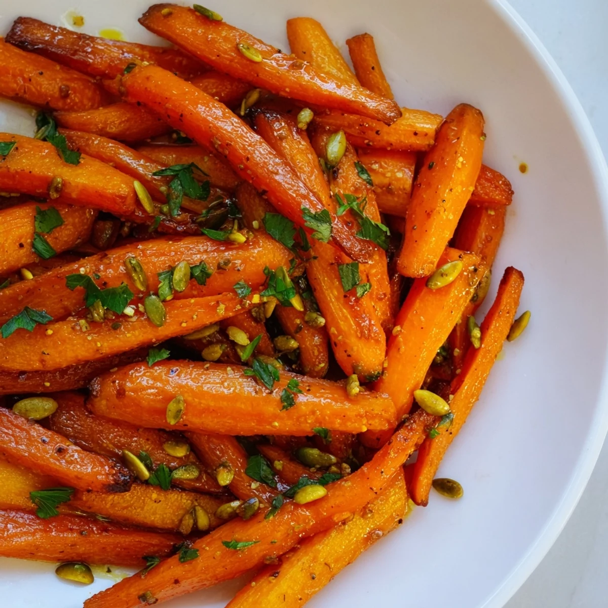 Savory roasted carrots with maple and cumin glaze on a white plate, garnished with fresh parsley and toasted sesame seeds.