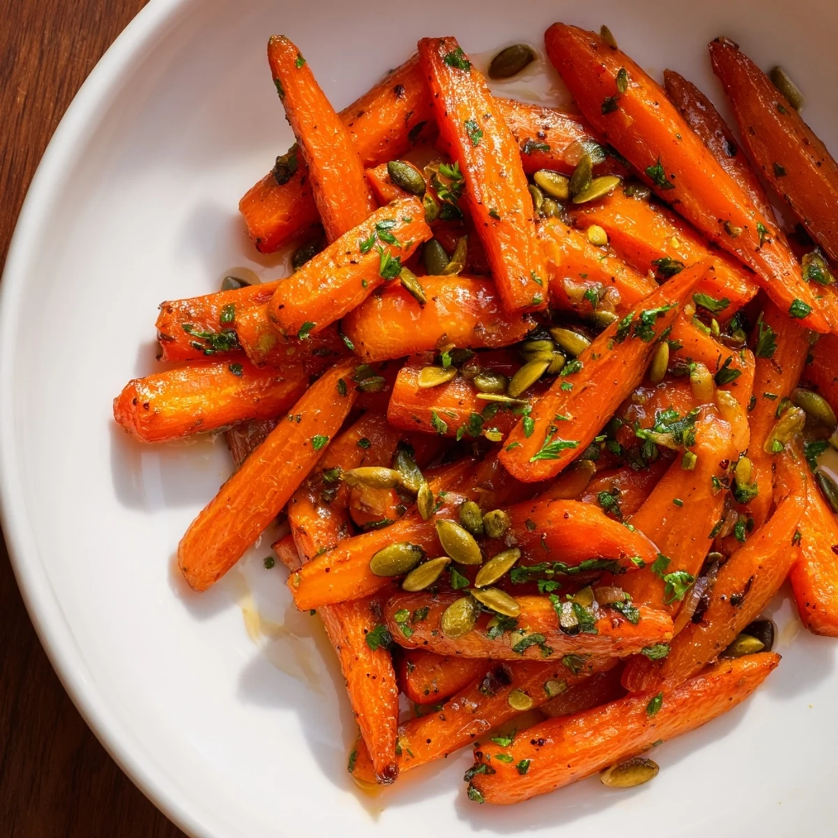 Caramelized roasted carrots with maple and cumin glaze on a baking sheet, ready to serve as a vegetarian side dish.