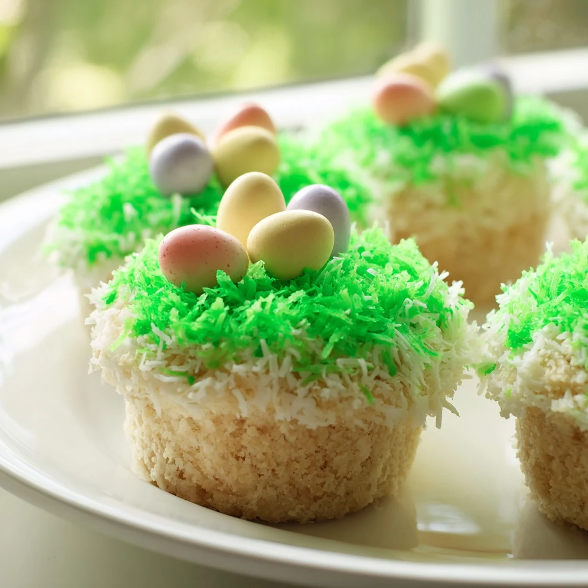 Festive Easter Basket Cupcakes featuring vanilla frosting, shredded coconut “grass,” and candy egg decorations, ideal for a cheerful holiday dessert.