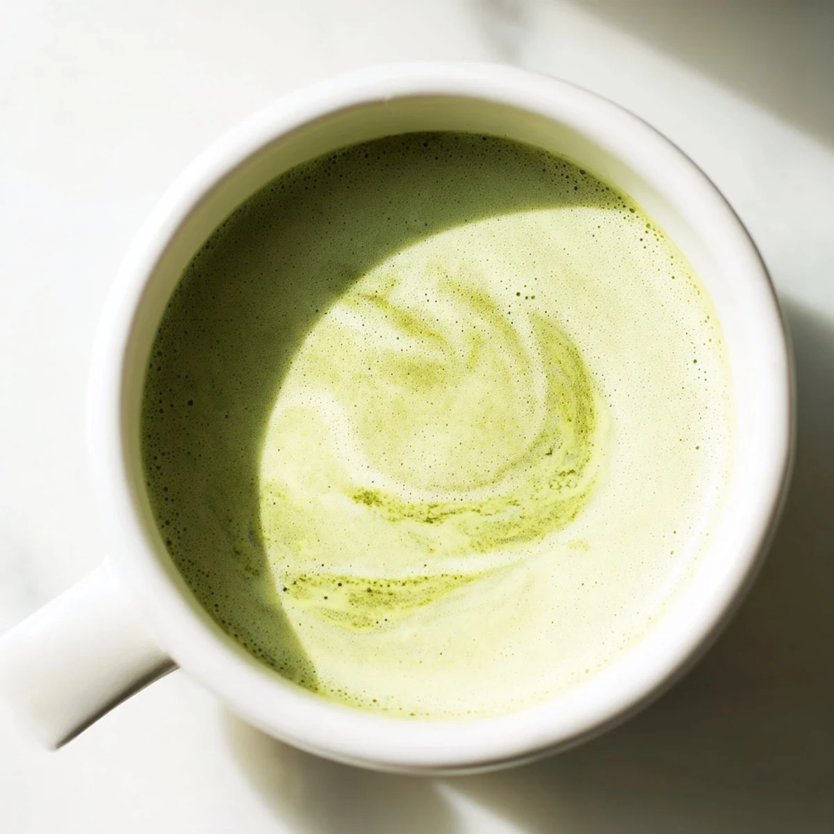 A creamy green matcha latte with almond milk in a ceramic mug, steaming gently with earthy aromas.