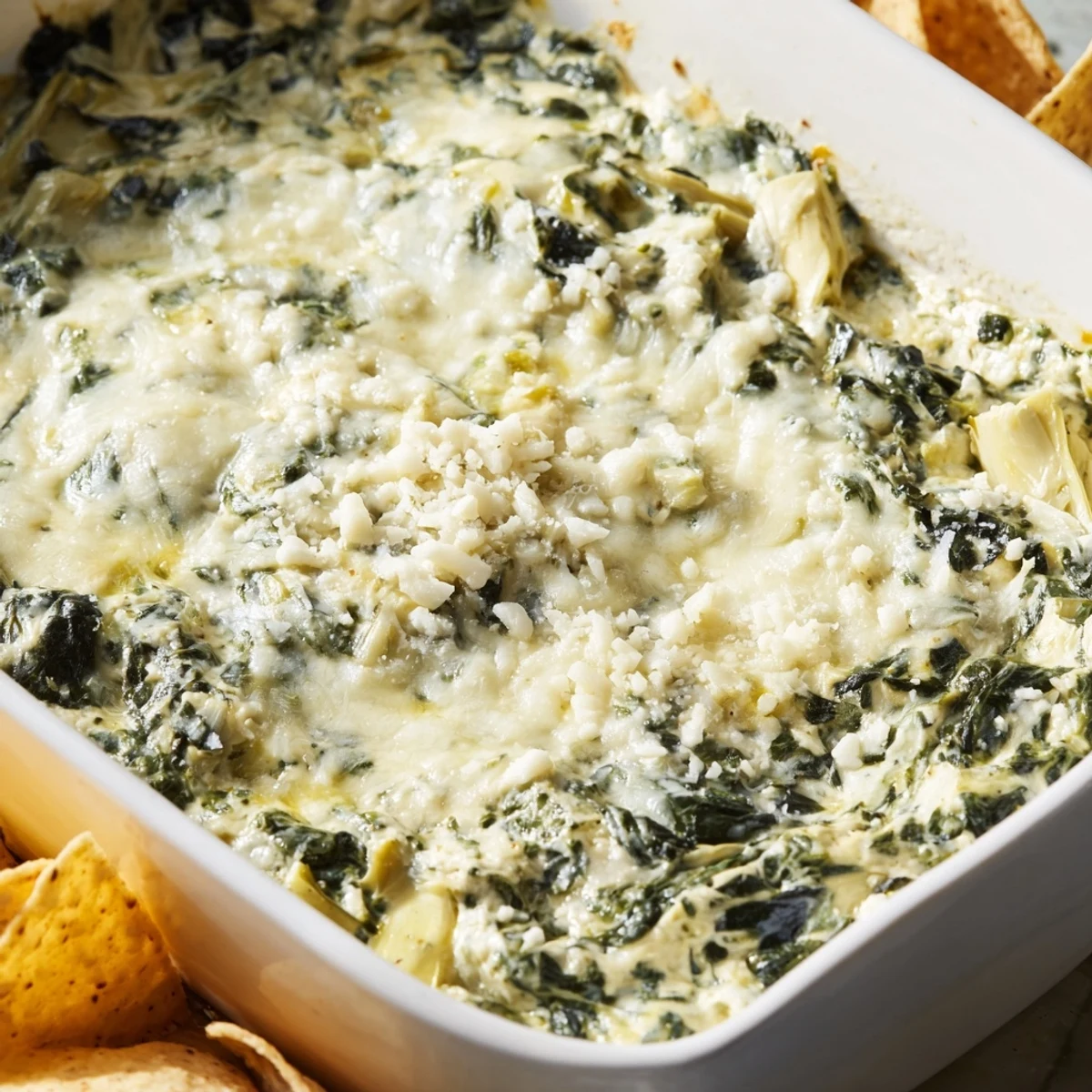 Creamy Spinach and Artichoke Dip with Chips served warm in a ceramic dish, surrounded by golden tortilla chips for dipping.