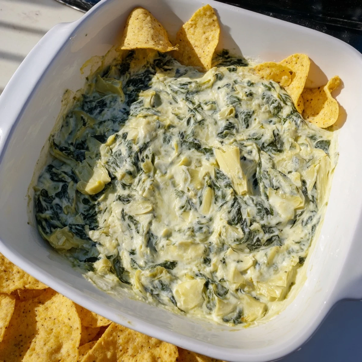 A bubbling Creamy Spinach and Artichoke Dip with Chips fresh from the oven, featuring melted cheese and vibrant green spinach.