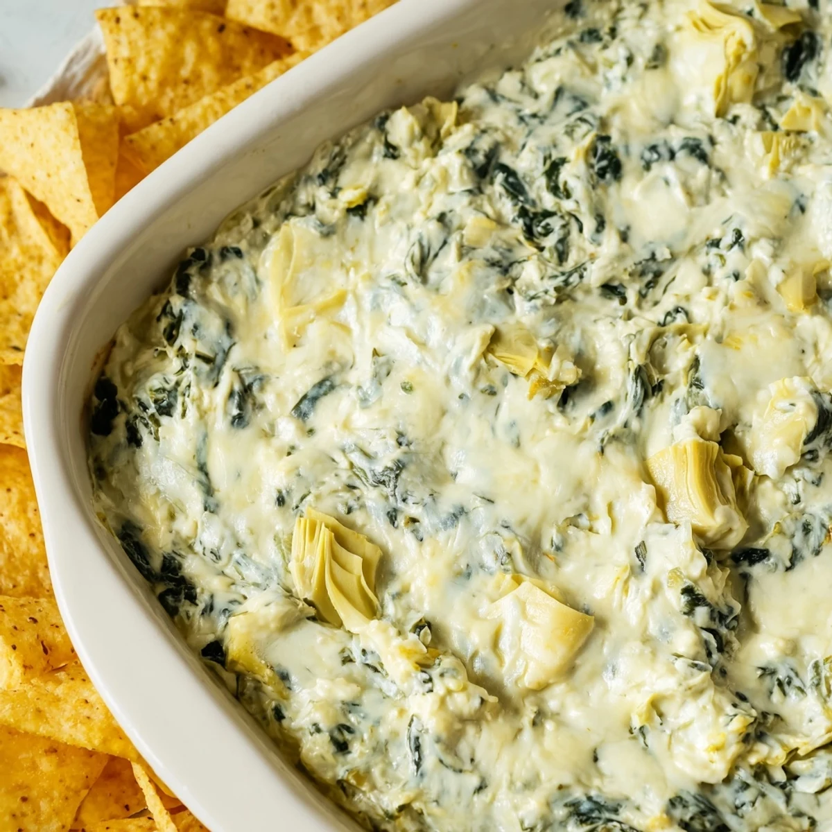 A close-up of Creamy Spinach and Artichoke Dip with Chips, showing creamy texture and artichoke pieces, paired with crunchy chips.