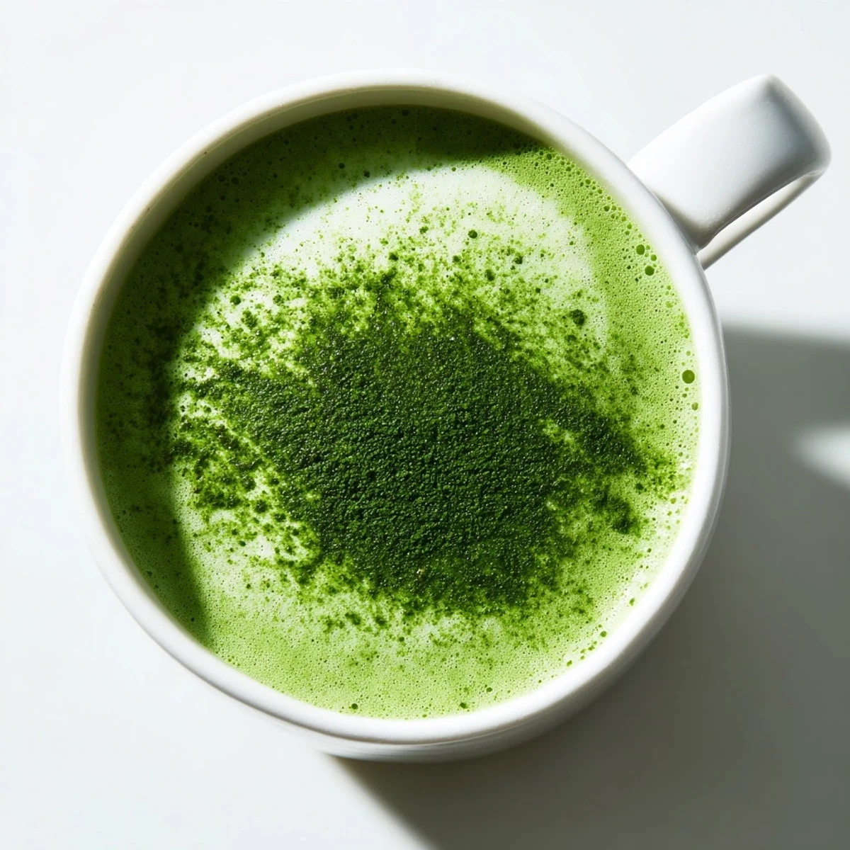 A steaming Green Matcha Latte with Almond Milk in a ceramic mug, its vibrant green hue visible against a rustic wooden backdrop.