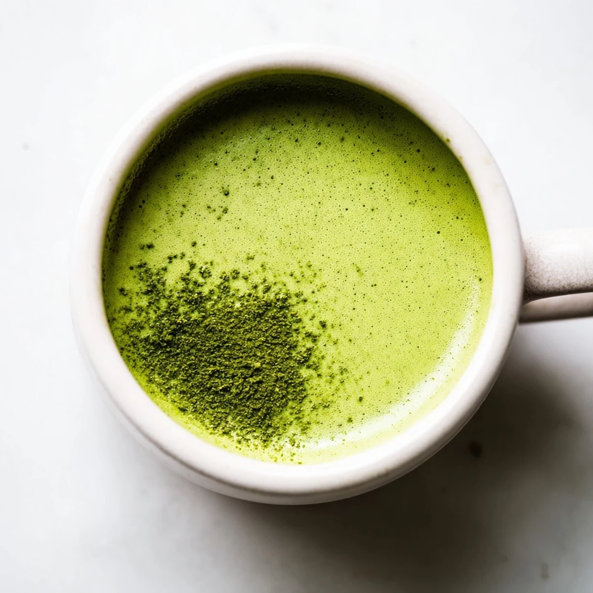 This frothy Green Matcha Latte with Almond Milk is poured into a glass, showing creamy swirls and a dusting of matcha powder.
