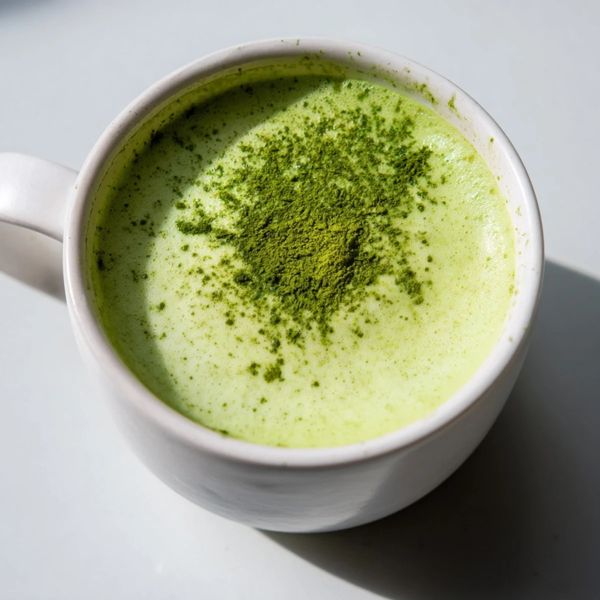Close-up of a Green Matcha Latte with Almond Milk topped with foam, resting next to a bamboo whisk and a small pitcher.