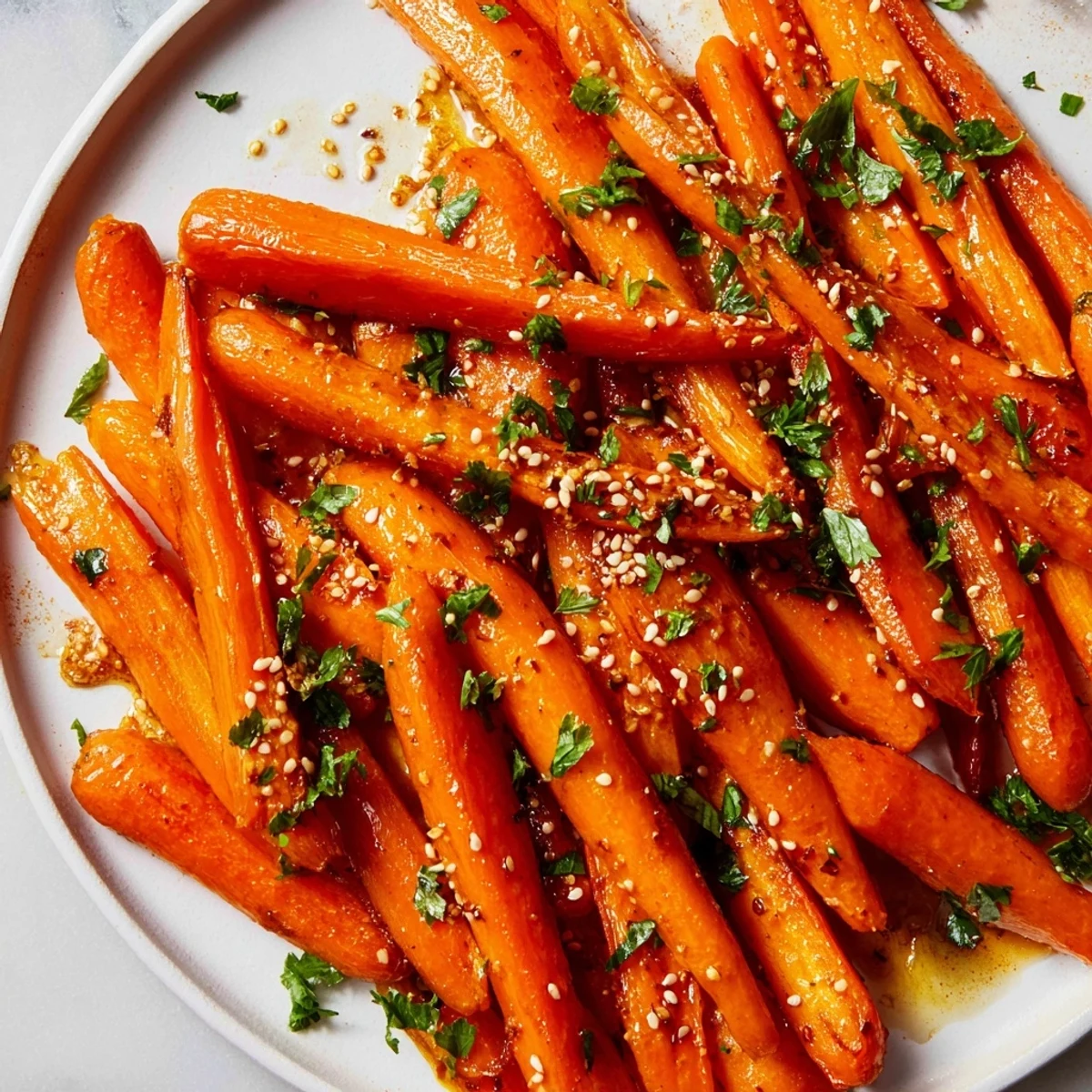 Vibrant orange carrots roasted to caramelized perfection with sweet maple syrup and warm cumin spices.