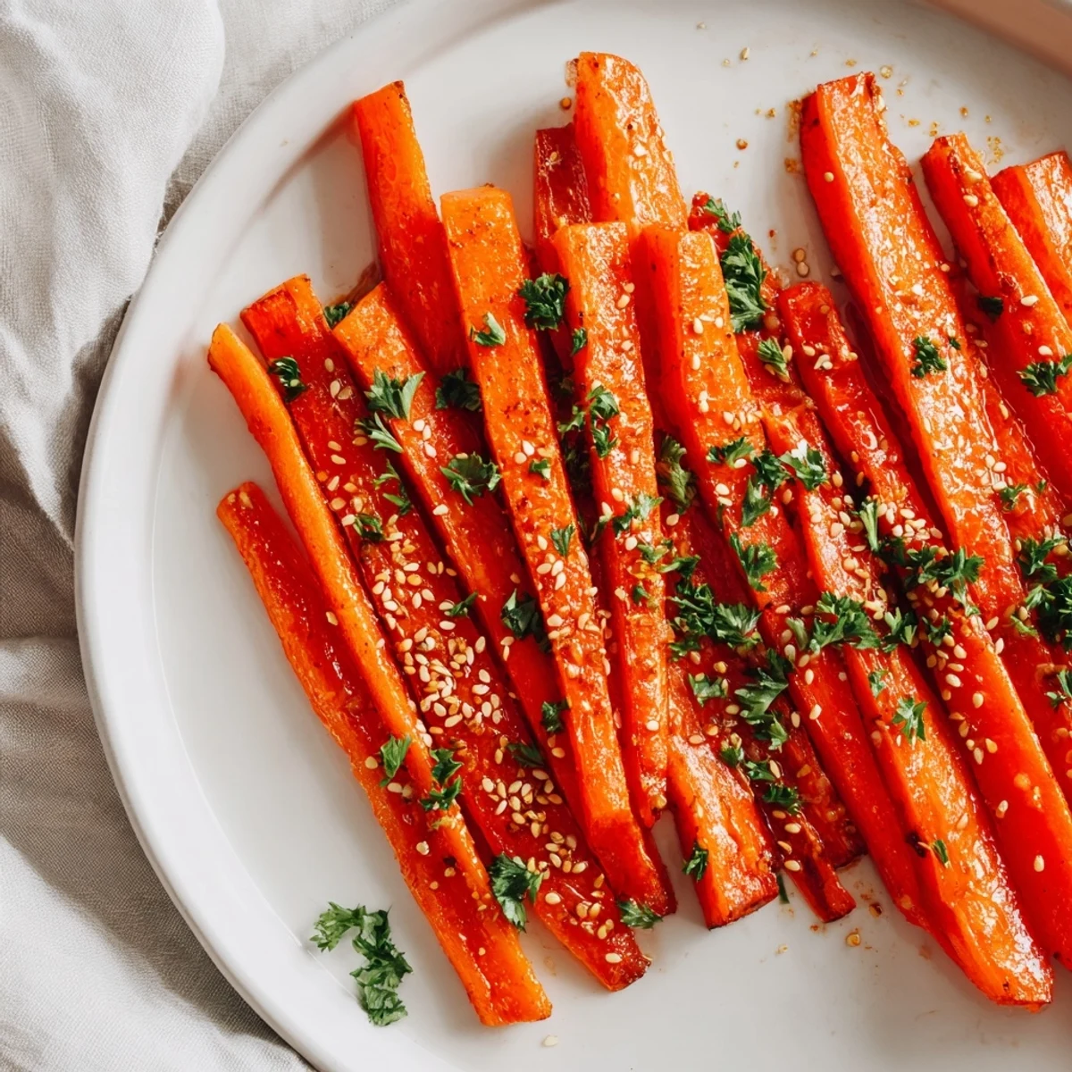 Close-up of tender, glossy Roasted Carrots with Maple and Cumin served warm alongside a main dish for dinner.