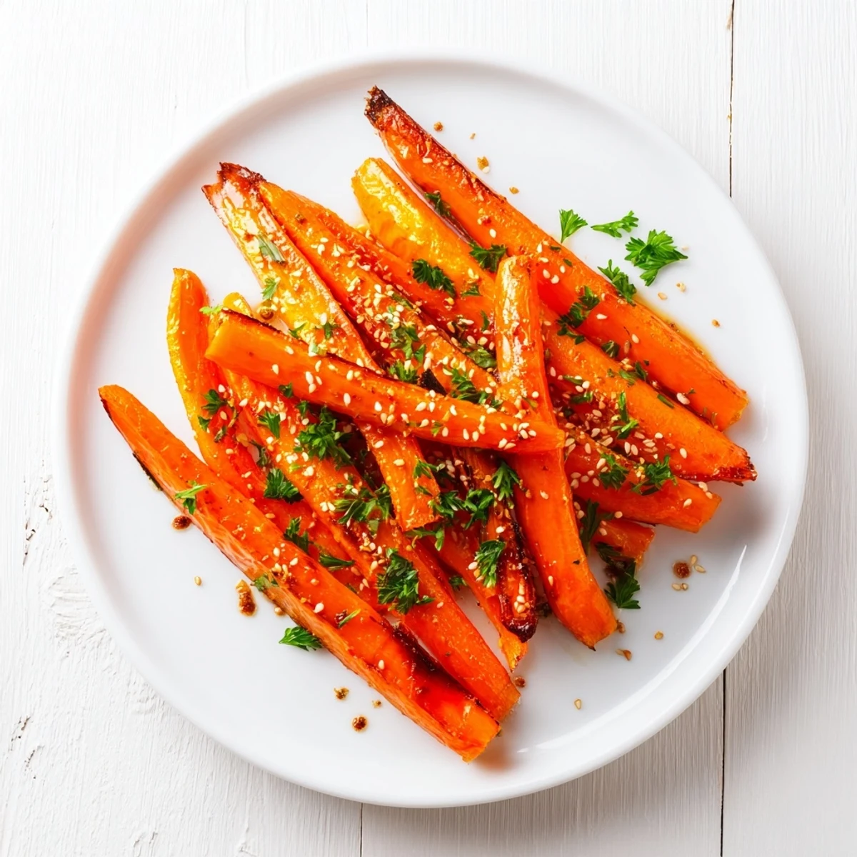 Roasted Carrots with Maple and Cumin arranged on a rustic platter garnished with fresh parsley and sesame seeds.
