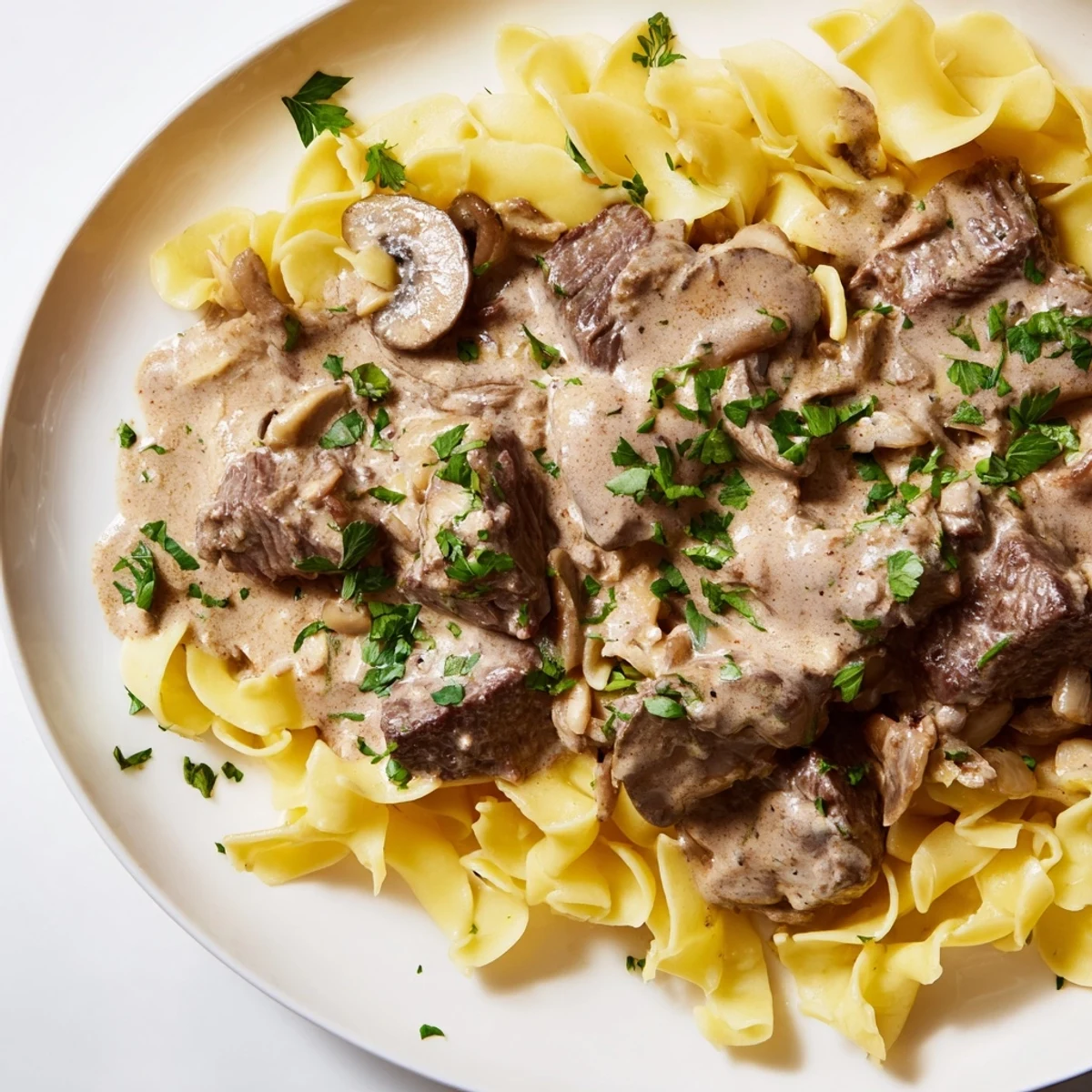 Tender beef strips and creamy mushroom sauce top buttery egg noodles in this Beef Stroganoff.