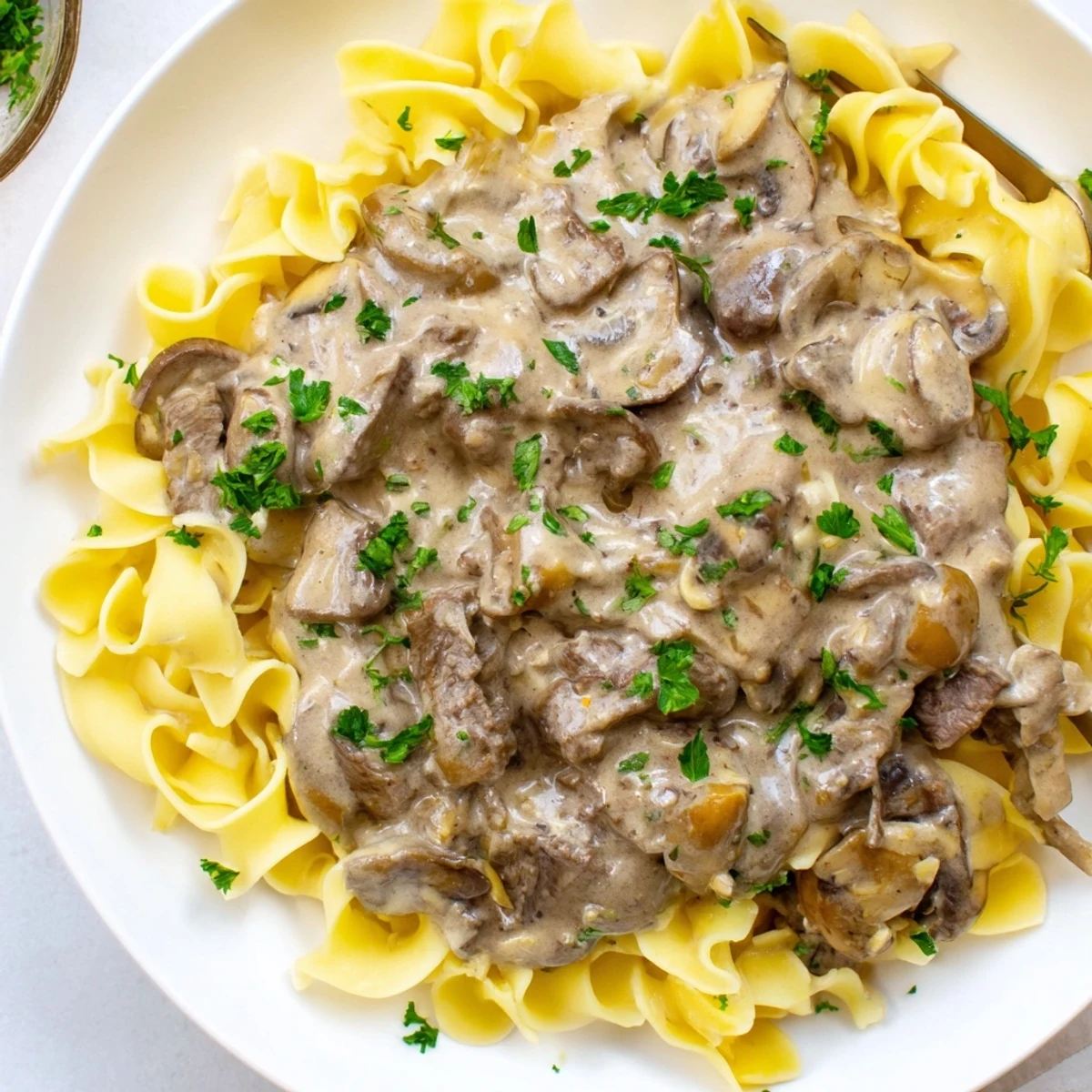 A warm bowl of Beef Stroganoff with egg noodles and mushrooms, ready for dinner.