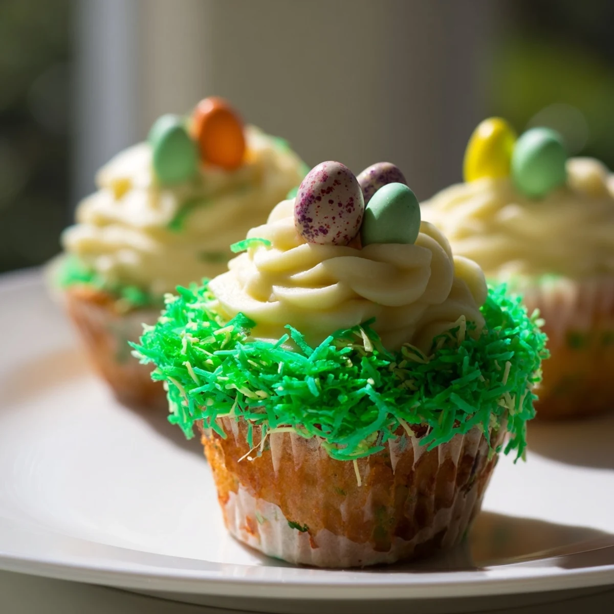 Freshly baked Easter Basket Cupcakes with coconut grass, topped with candy eggs and a licorice handle.