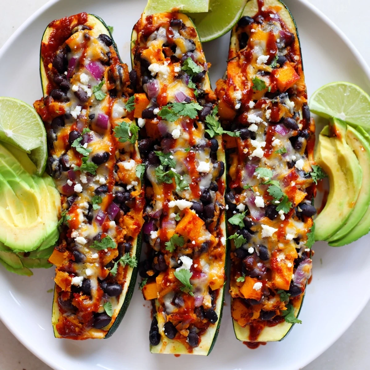 Roasted zucchini boats filled with Black Bean and Butternut Squash Enchilada Boats, bubbling with melty cheese and zesty red sauce.