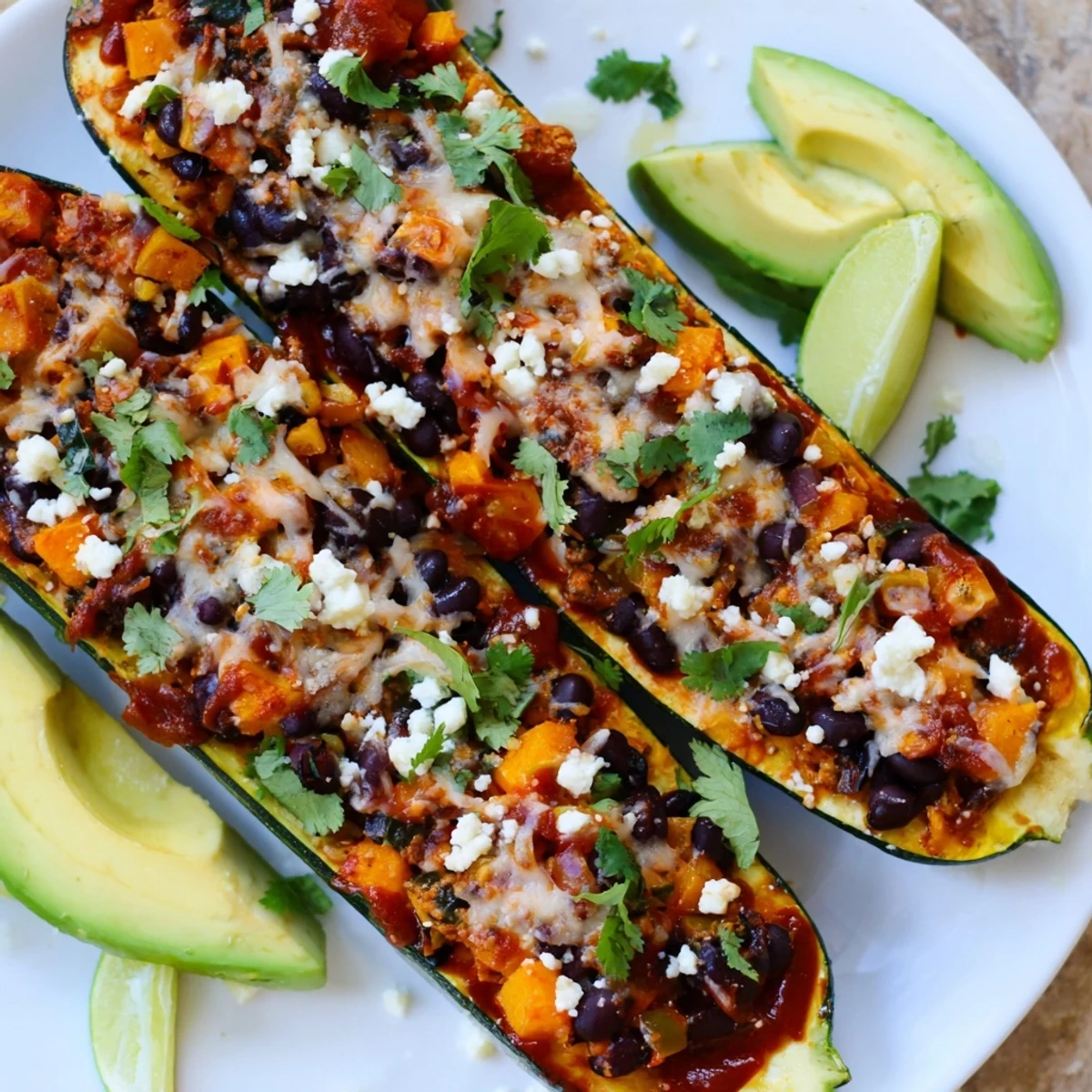 Warm Black Bean and Butternut Squash Enchilada Boats garnished with fresh cilantro and avocado, served on a rustic dinner plate.