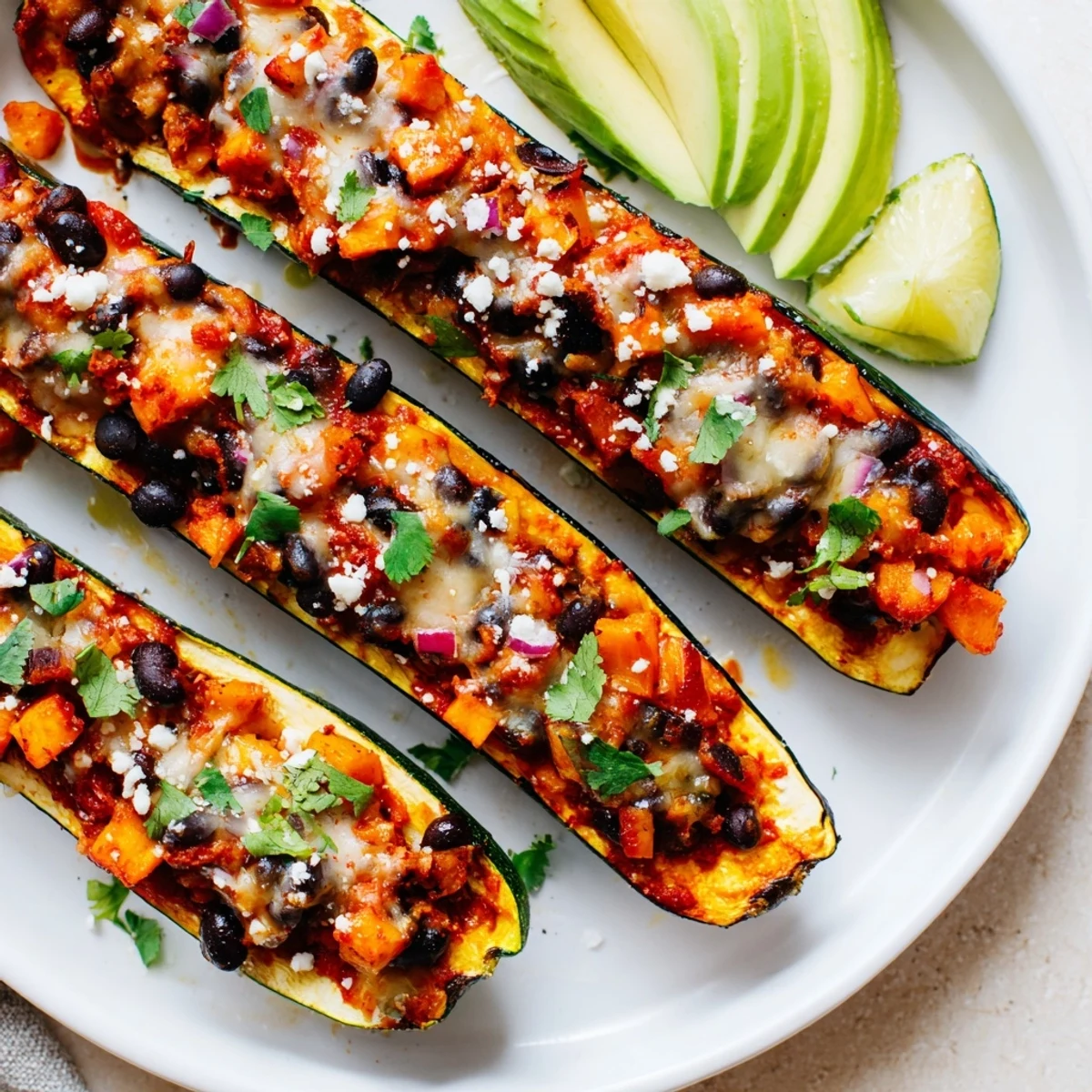 Close-up of golden melted cheese topping Black Bean and Butternut Squash Enchilada Boats, with a side of lime wedges.