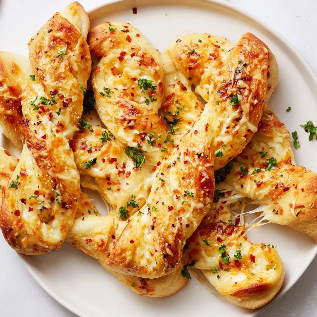 Twisted dough strips with melted mozzarella and herbs, showcasing the Crunchy Golden Crispy Air Fryer Pizza Cheese Bread Twists on a plate.