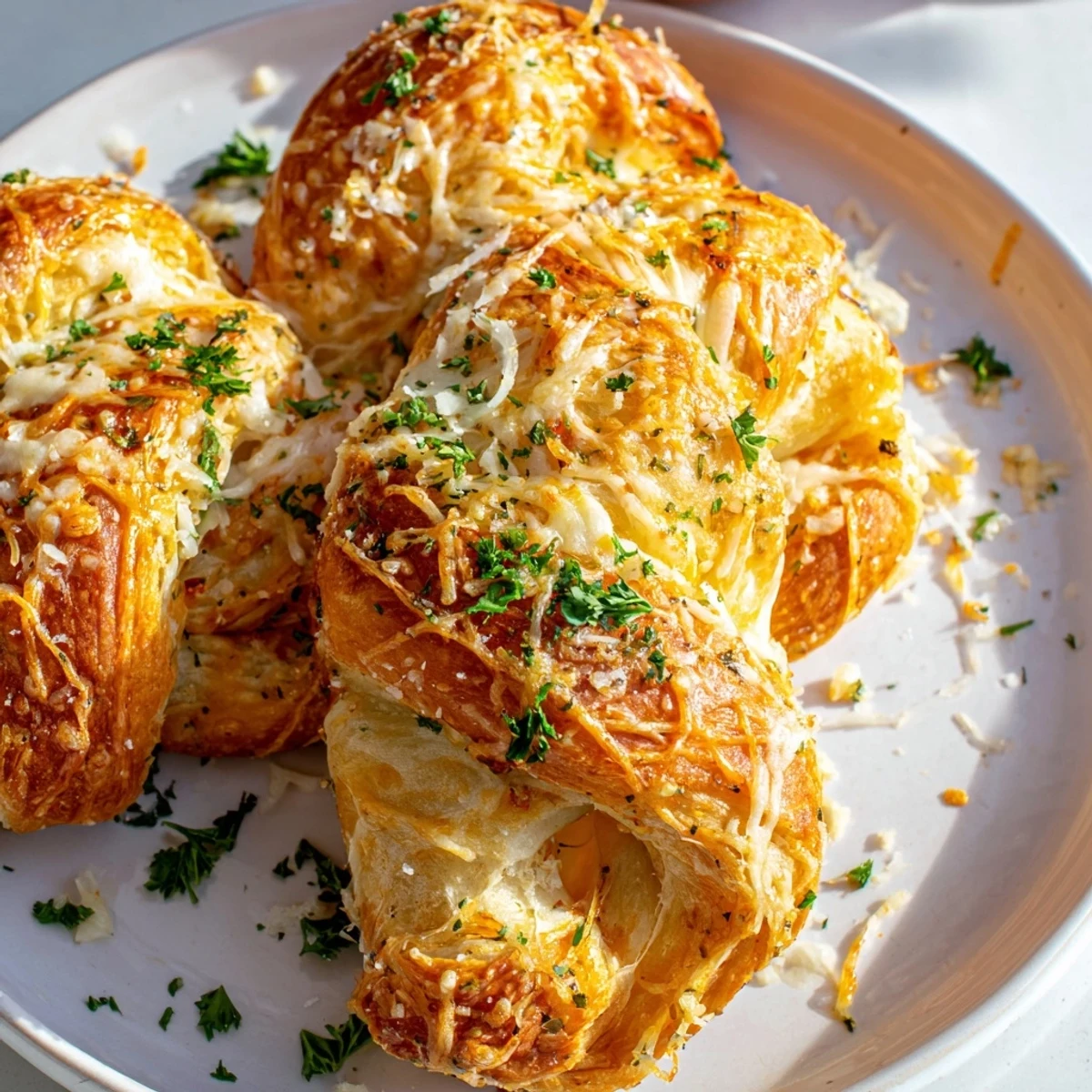 Close-up of golden-brown Crispy Air Fryer Pizza Cheese Bread Twists garnished with parsley and a side of marinara for dipping, served warm.
