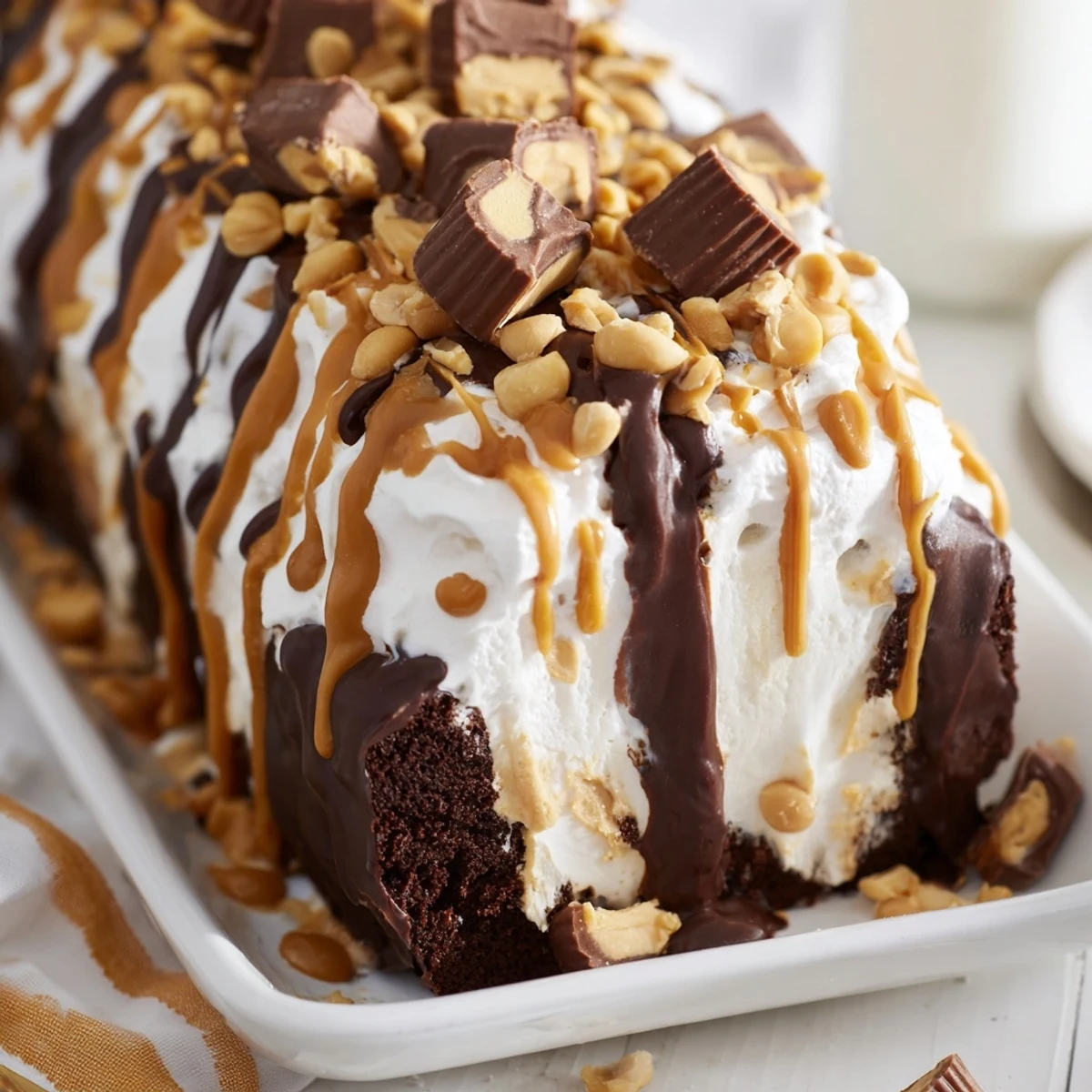 A slice of Chocolate Peanut Butter Poke Cake on a white plate, showing creamy peanut butter pudding filling and whipped cream topping.
