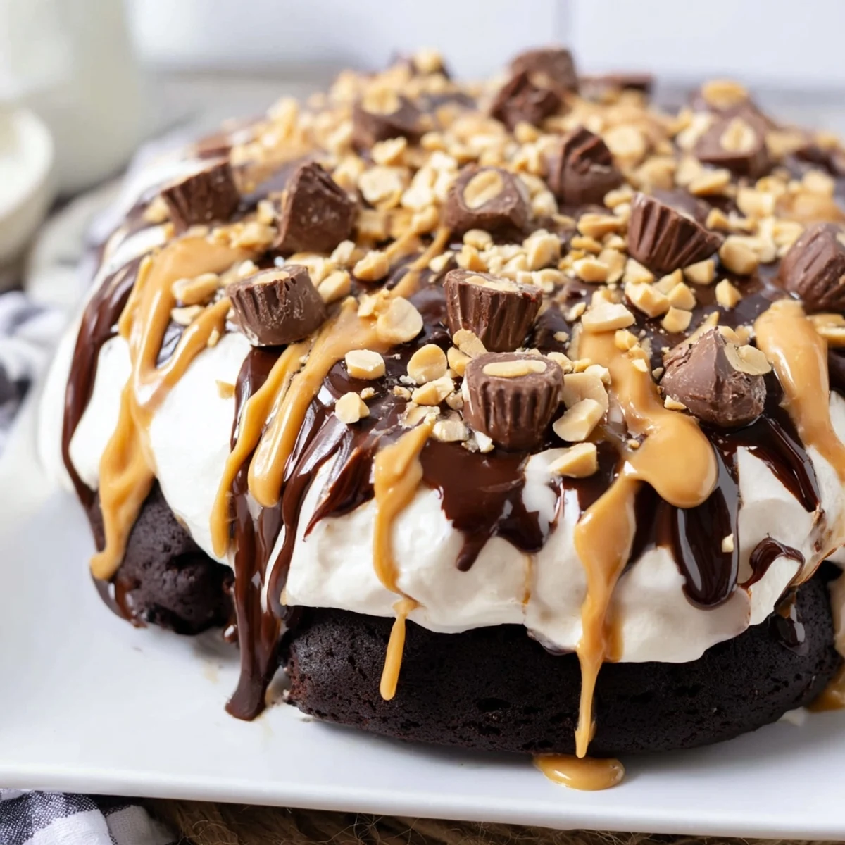 Chocolate Peanut Butter Poke Cake garnished with mini peanut butter cups, perfect for celebrations and sweet cravings.