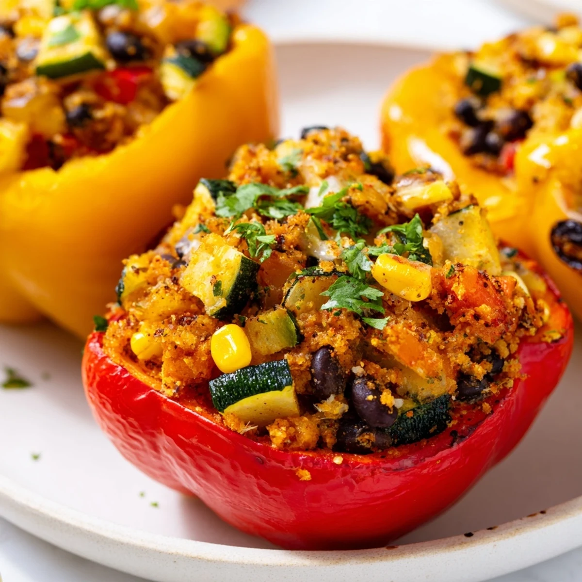 Four colorful stuffed bell peppers filled with hearty Cajun potato mixture, served fresh from the baking dish.