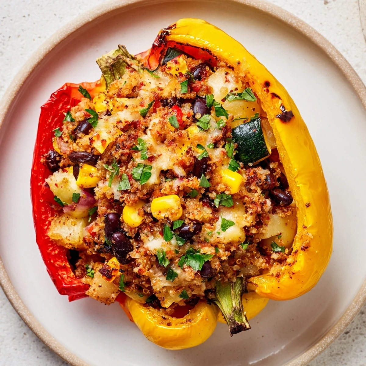 Golden roasted bell peppers stuffed with zesty Cajun-spiced potato filling, topped with melted cheese and breadcrumbs.