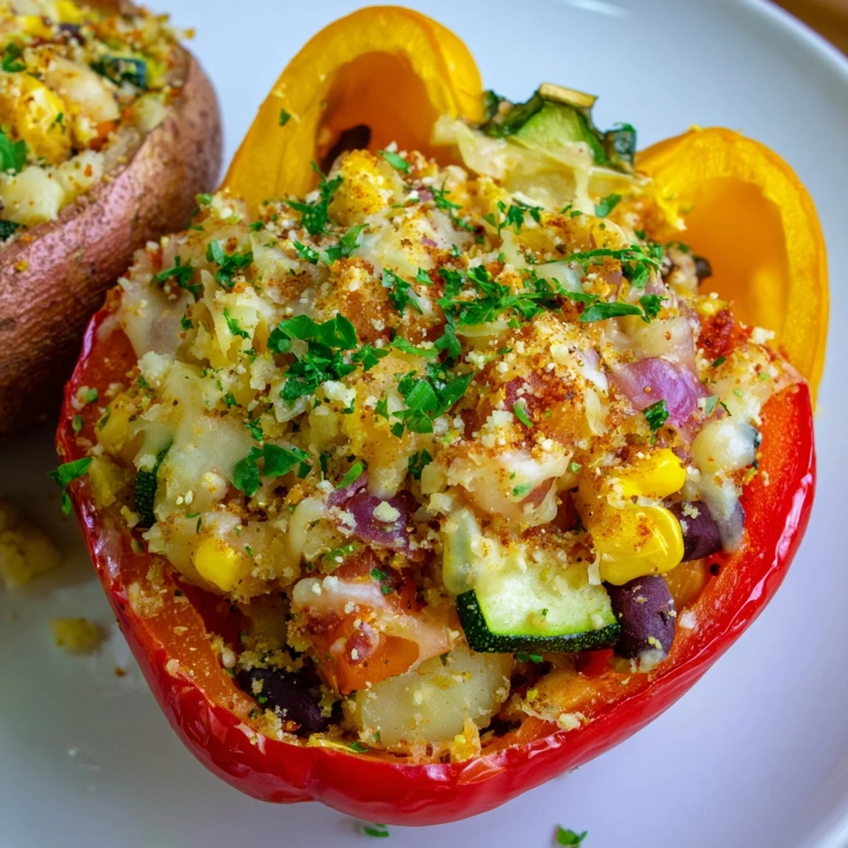 Cajun Potato Stuffed Bell Peppers with a tender filling of potatoes, corn, and black beans for a vibrant main.