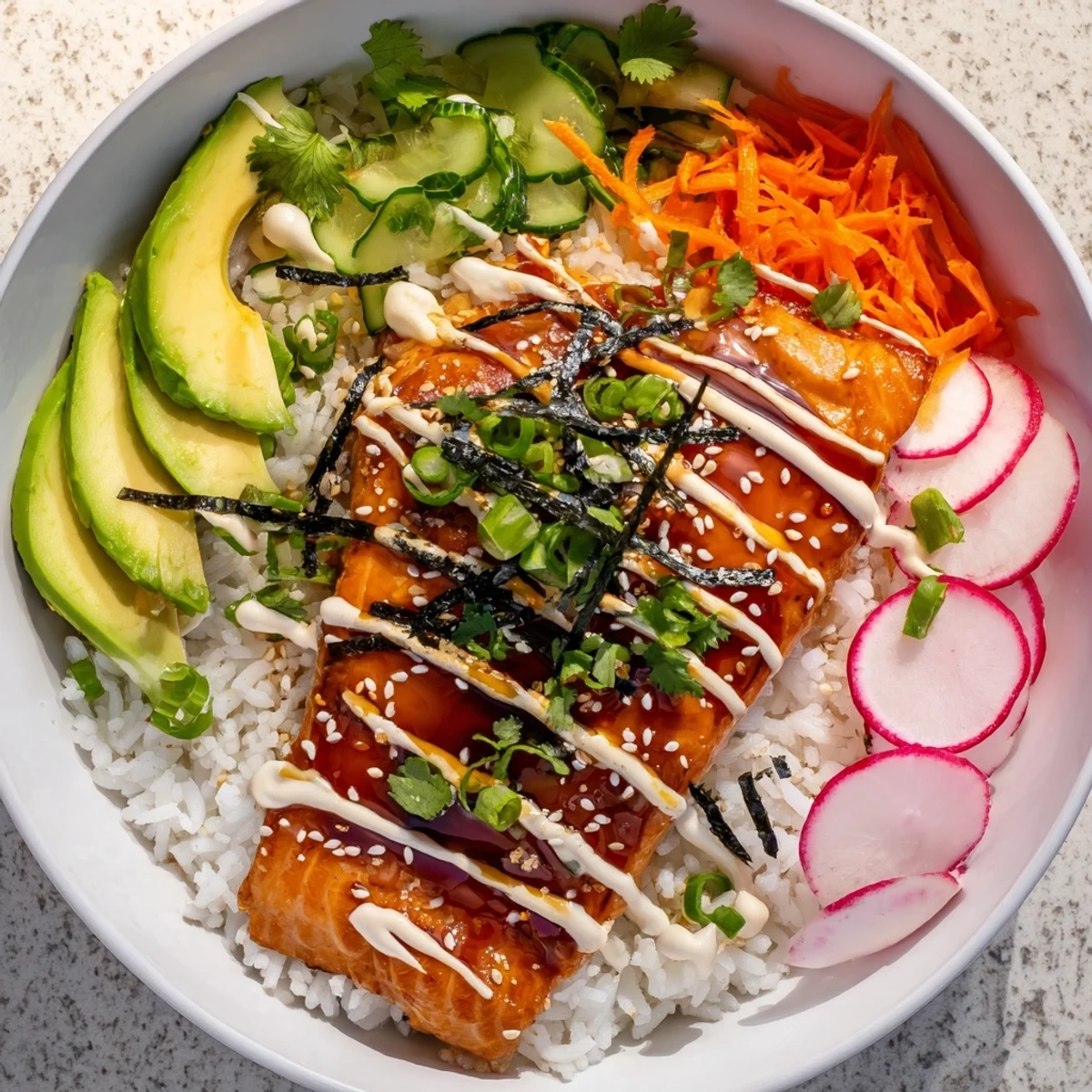 Golden-brown teriyaki salmon fillets glisten atop fluffy jasmine rice, layered with vibrant quick-pickled veggies in this Teriyaki Salmon Rice Taco Bowl.
