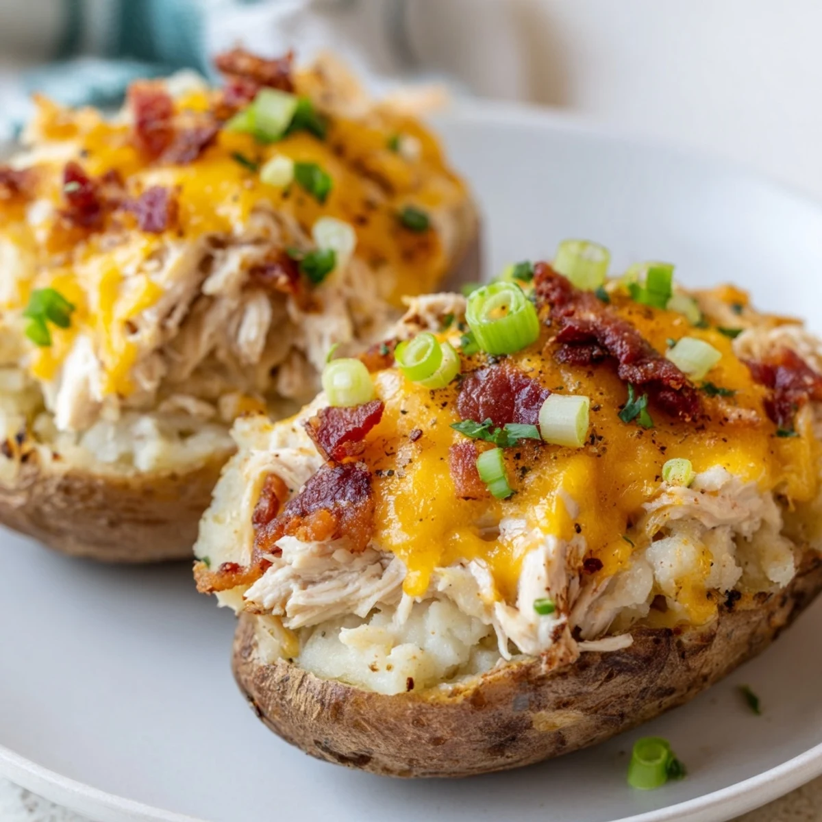 Crispy baked russet potatoes stuffed with creamy Mud Chicken Stuffed Twice Baked Potatoes and melted cheddar.