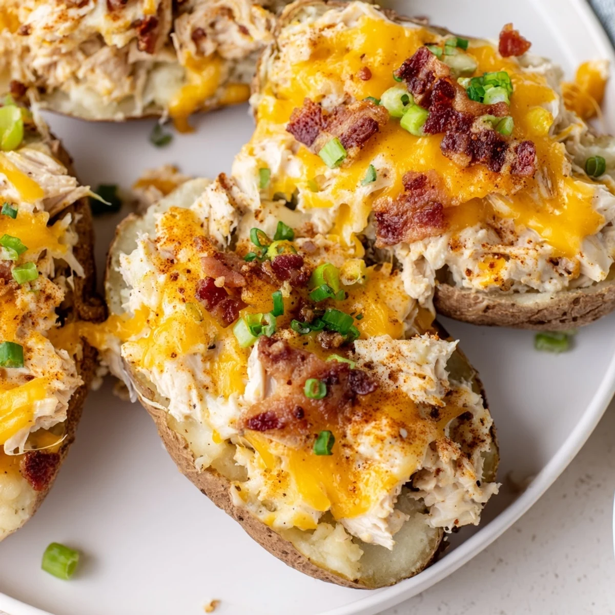 Golden Mud Chicken Stuffed Twice Baked Potatoes topped with fresh parsley, served hot alongside a green salad.