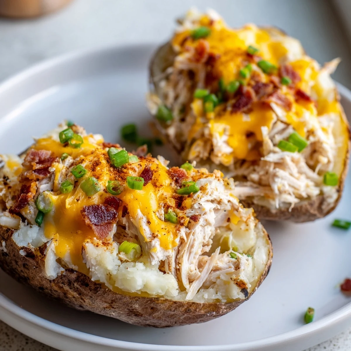 Hearty Mud Chicken Stuffed Twice Baked Potatoes filled with savory shredded chicken, sour cream, and bacon crumbles.
