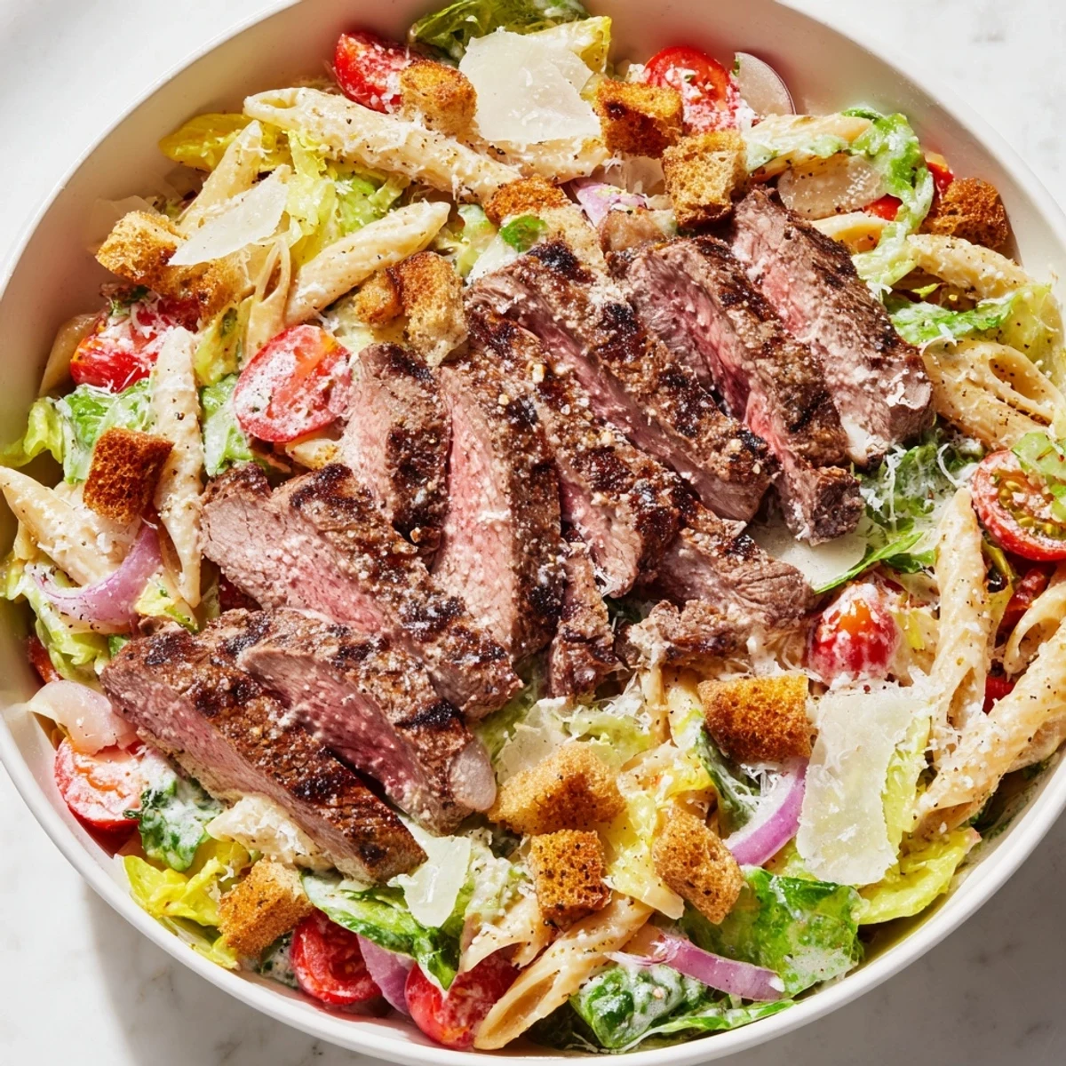 Grilled slices of tender sirloin steak rest atop a colorful Flavorful Steak Caesar Pasta Salad with romaine and cherry tomatoes.