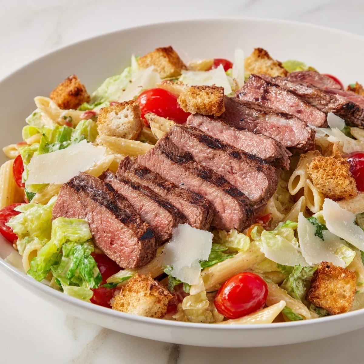 A close-up shows creamy Caesar dressing clinging to pasta in a Flavorful Steak Caesar Pasta Salad next to sliced steak.