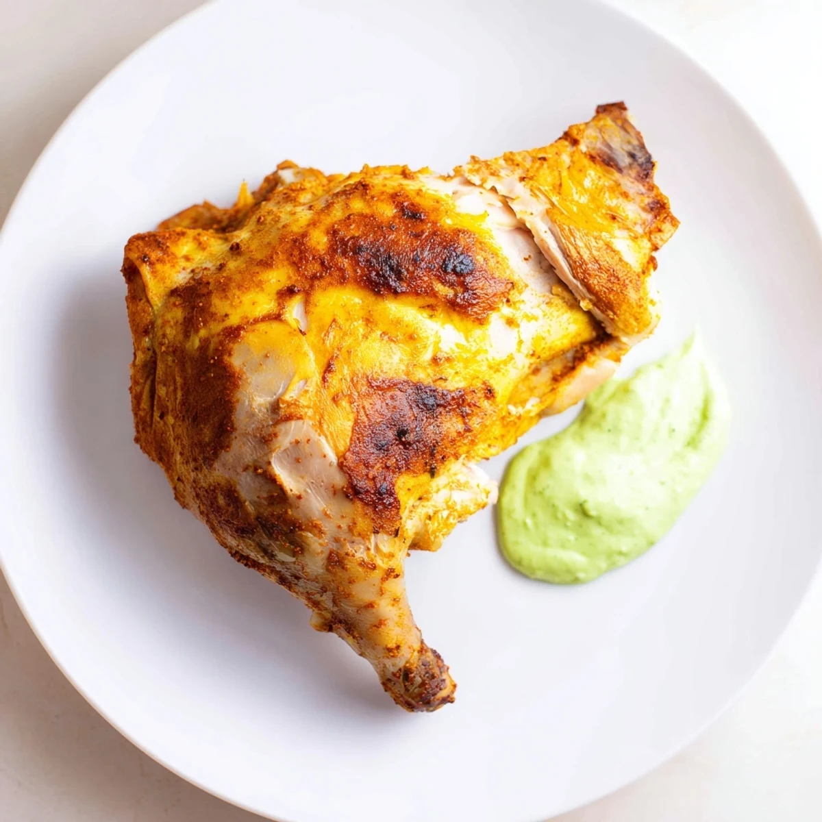 Golden-brown Peruvian Roast Chicken with Creamy Green Sauce sits carved on a platter, its juices glistening and the vibrant green sauce in a small bowl.