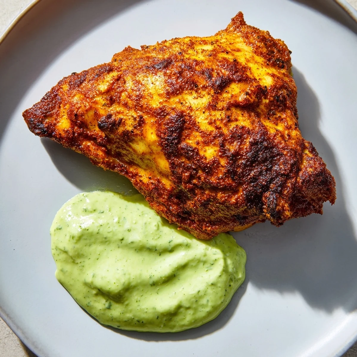 A close-up of Peruvian Roast Chicken with Creamy Green Sauce shows a succulent thigh with the bright, creamy green sauce drizzled over the top.