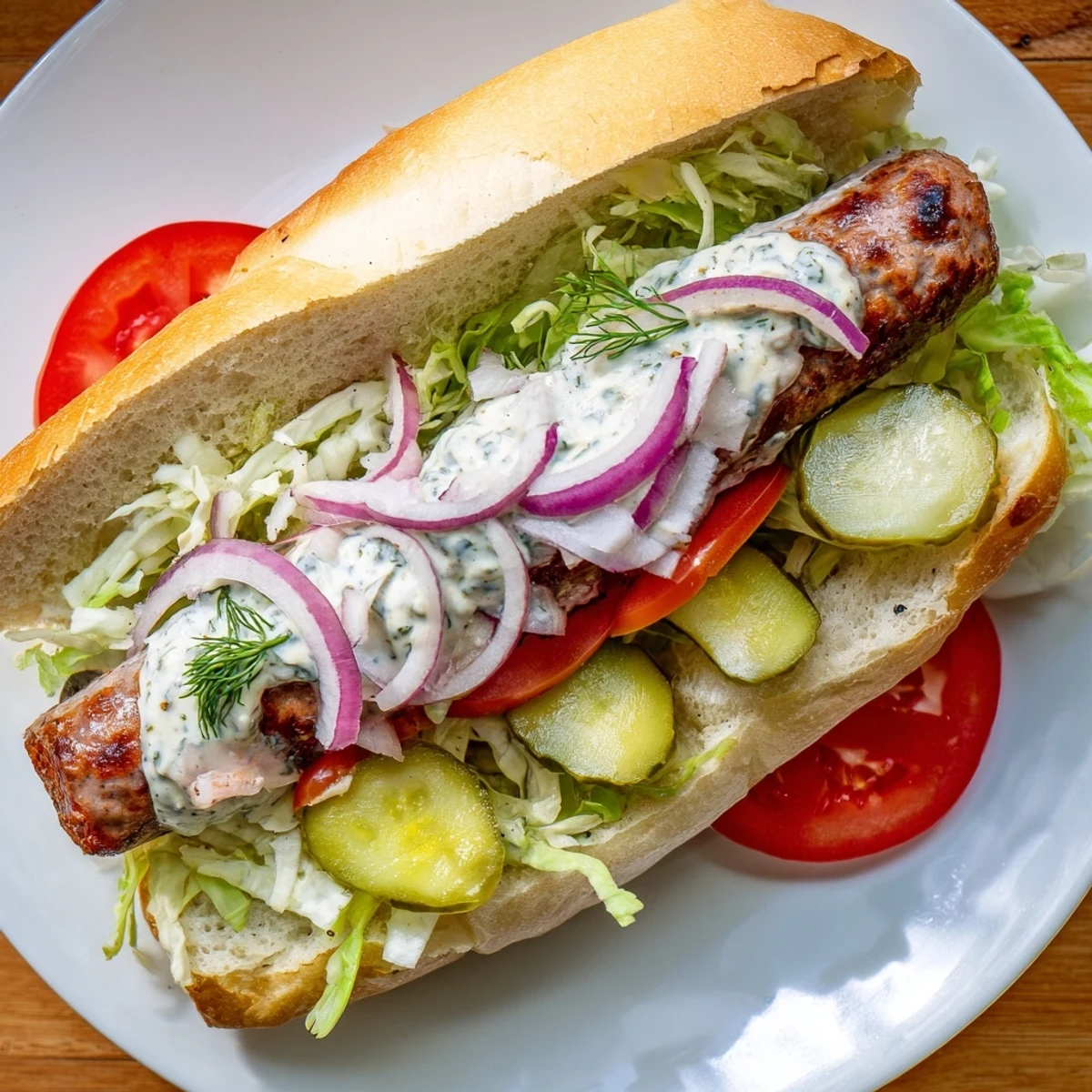 Golden-brown grilled Cajun beef sausage po boy sandwiches are nestled in a toasted baguette with crisp lettuce, ripe tomato slices, and tangy pickles.