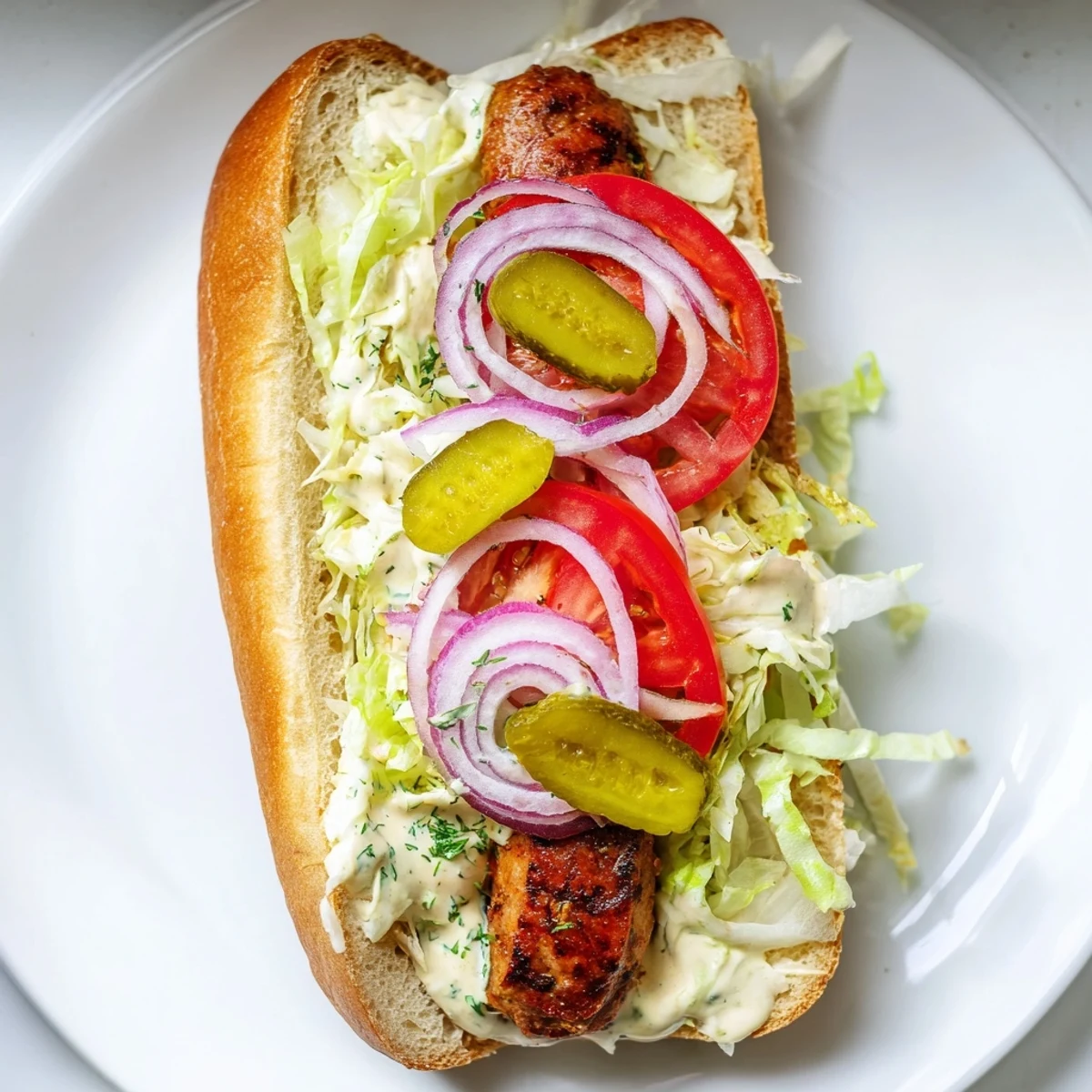 A close-up of a grilled Cajun beef sausage po boy sandwich oozing creamy remoulade and piled high with fresh Louisiana-inspired toppings.